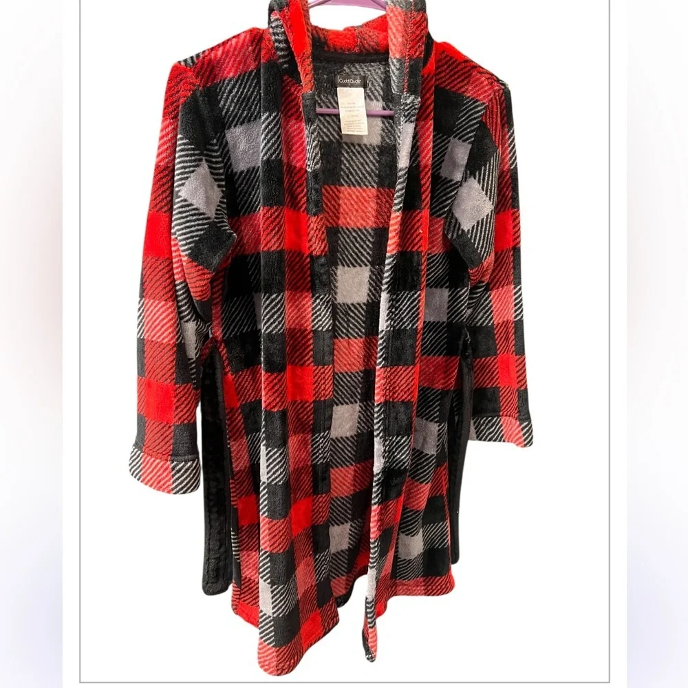Cuddl Duds Kids Buffalo Plaid Fleece Hooded Robe w/ Antlers L (12/14)